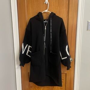 Black Long Hooded Jacket with White Lettering LOVE